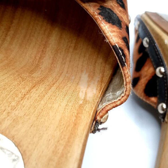 Women 6.5M Guess Leopard Animal Print Wooden Wedge Clog Platform Heels Sandals - Picture 7 of 12